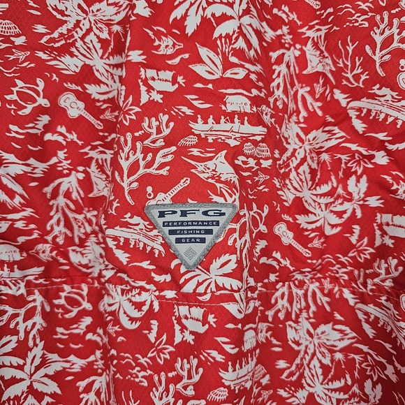 Columbia PFG Omni-Shade Tropical Coral Palm Tree Button Up‎ Shirt Red White M - Picture 6 of 14